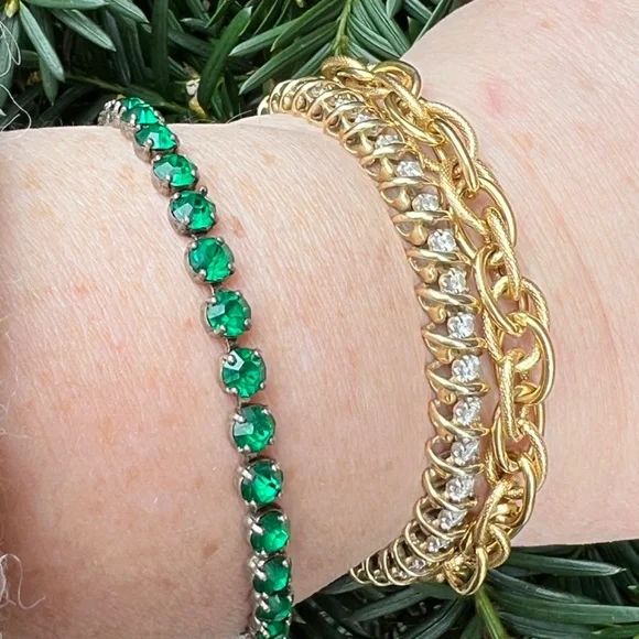 VINTAGE ART DECO STERLING SILVER EMERALD GREEN RHINESTONES TENNIS BRACELET